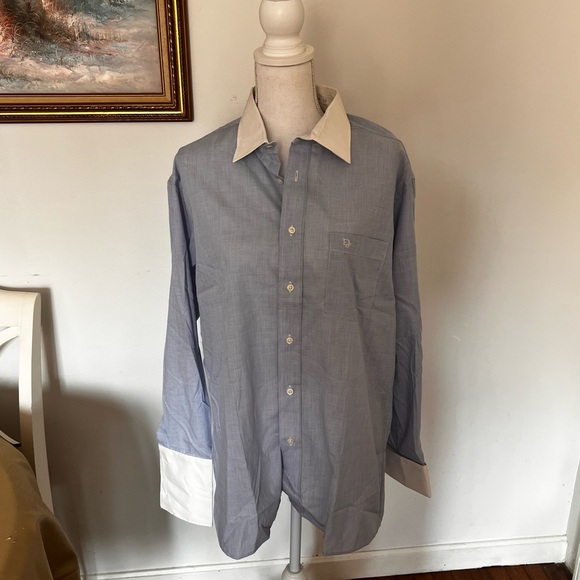 New vintage Dior Men's Light Blue Dress Shirt with White Collar and Cuffs.